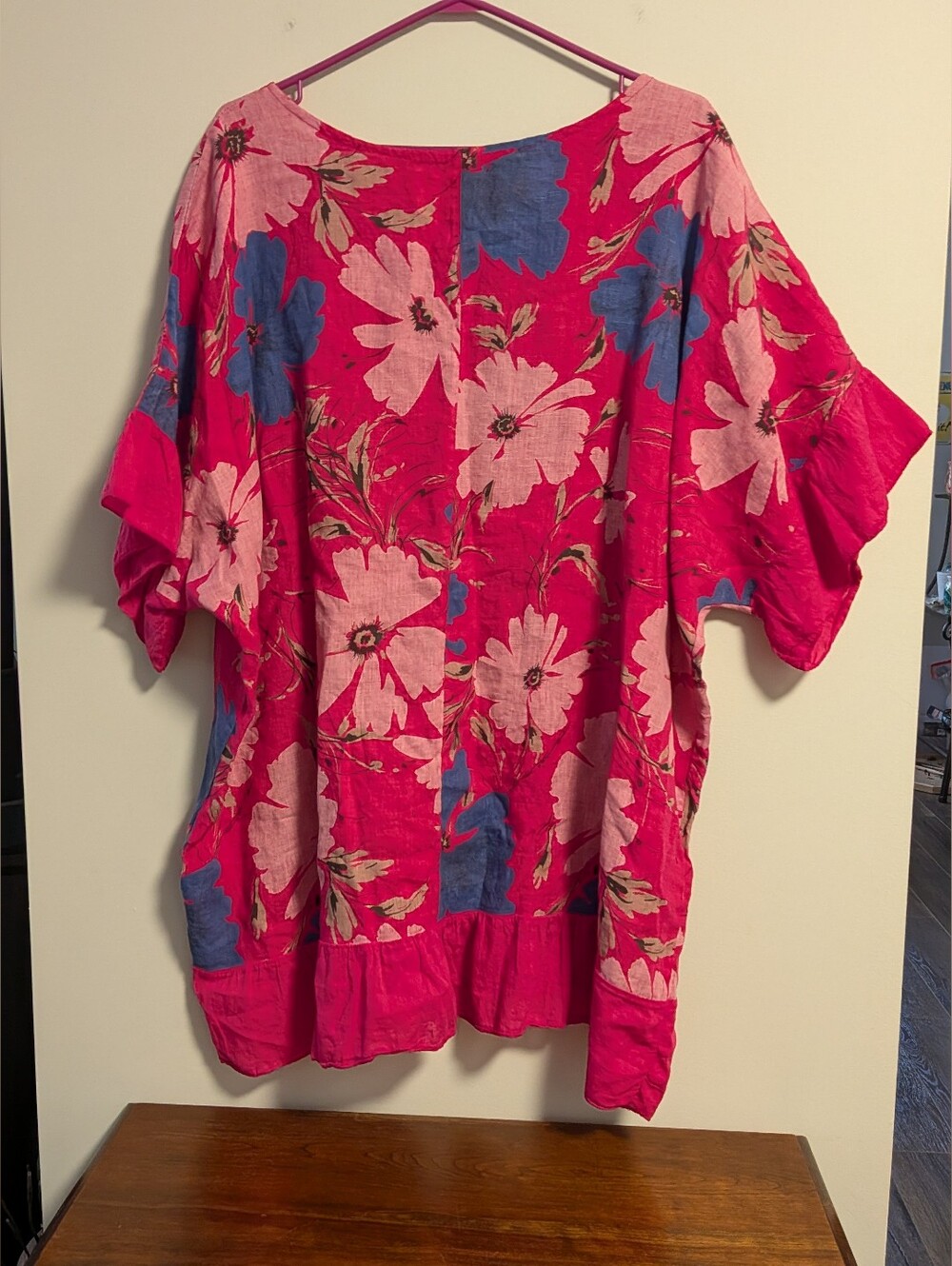 Prospero Oversize Linen Tunic .Women's Pink Floral Scoop-Neck Top. Frill Detail - Picture 4 of 6
